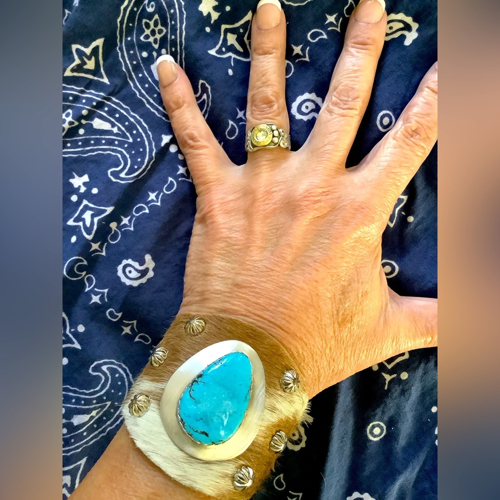 Turquoise; cowhide cuff bracelet, adjustable